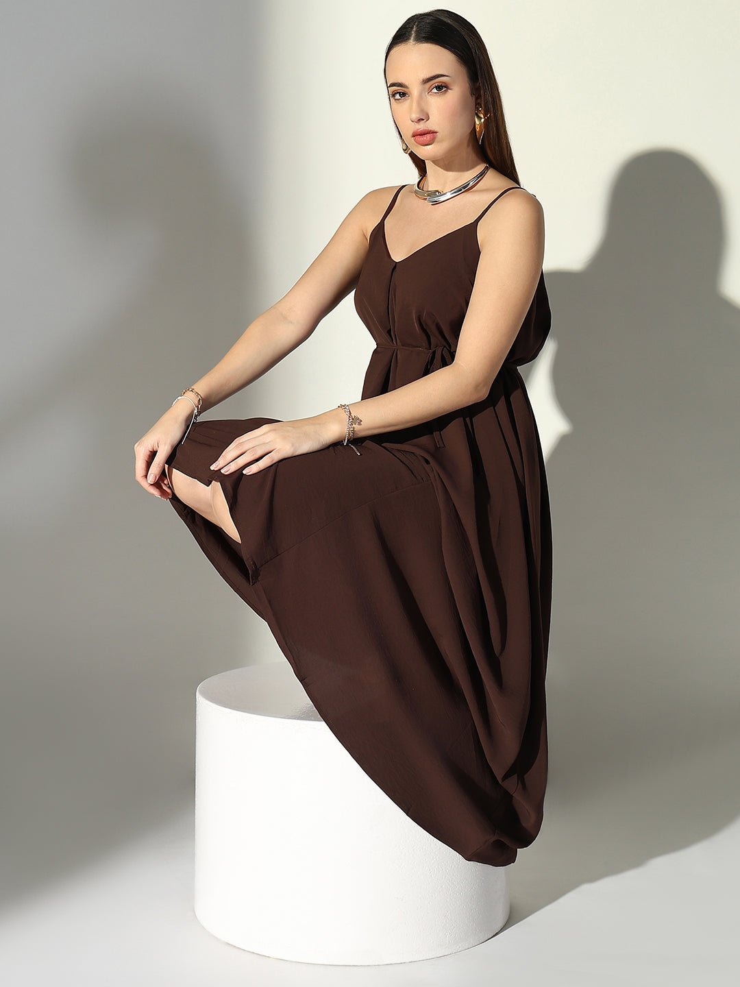 Women Brown Solid Fit and Flare Dress