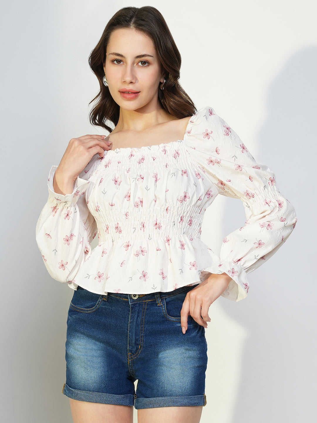 Women Off White Floral Peplum Top