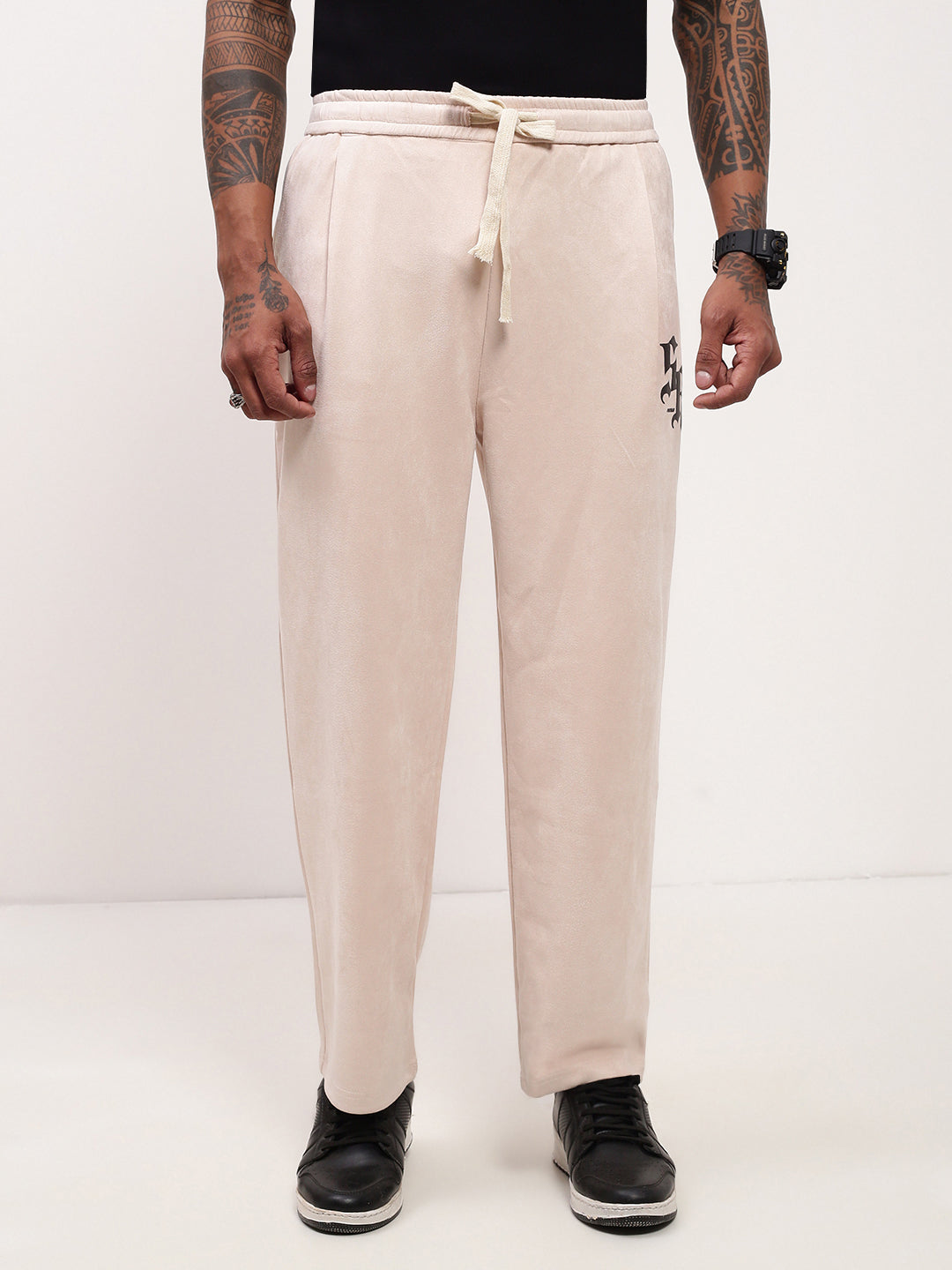 Men Cream Solid Straight Fit Trousers