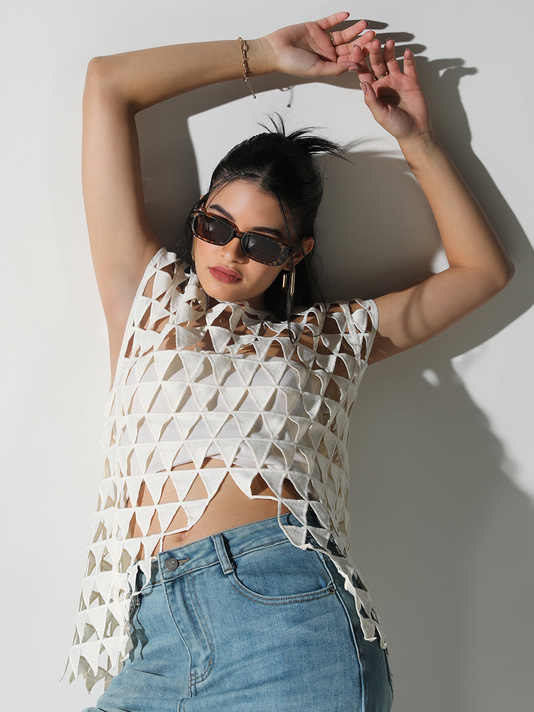 Women Off White Solid Crochet Top