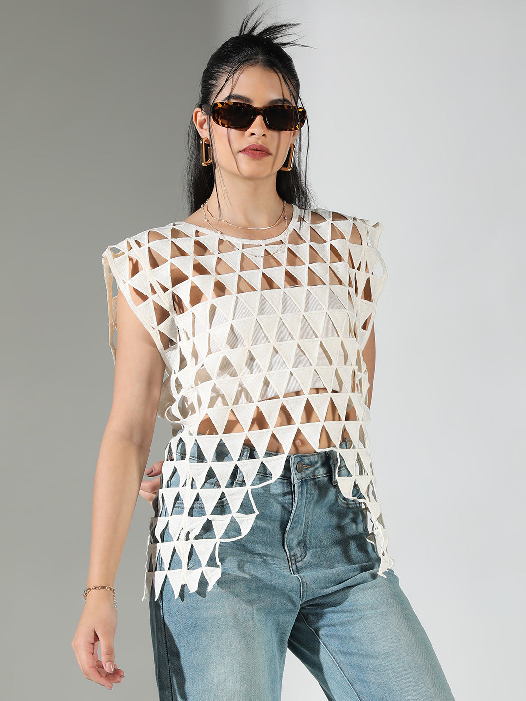 Women Off White Solid Crochet Top