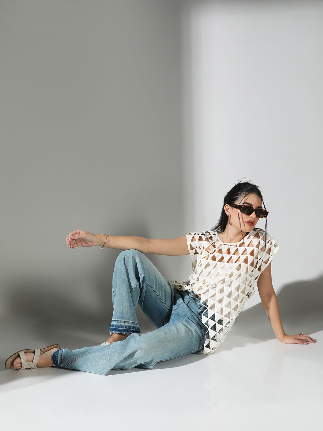 Women Off White Solid Crochet Top