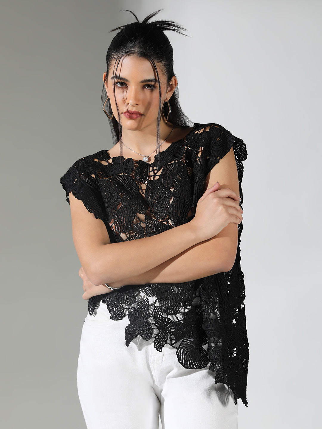 Women Black Floral Crochet Top