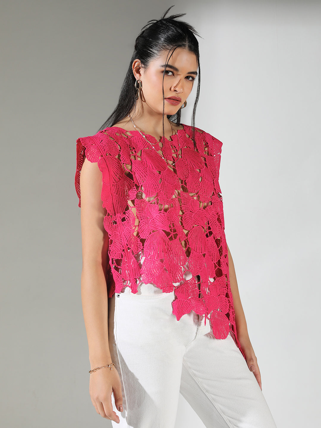 Women Pink Floral Crochet Top