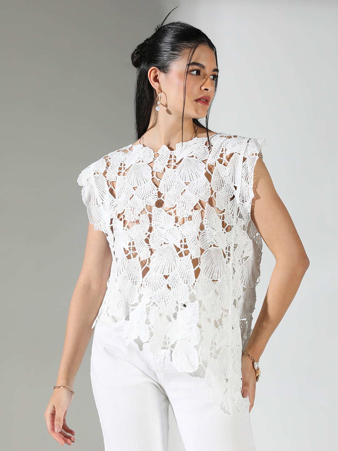 Women White Floral Crochet Top