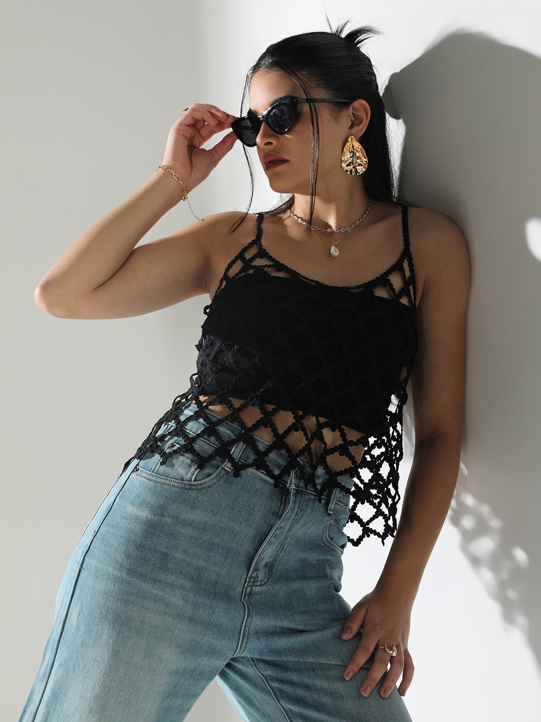 Women Black Solid Crochet Top