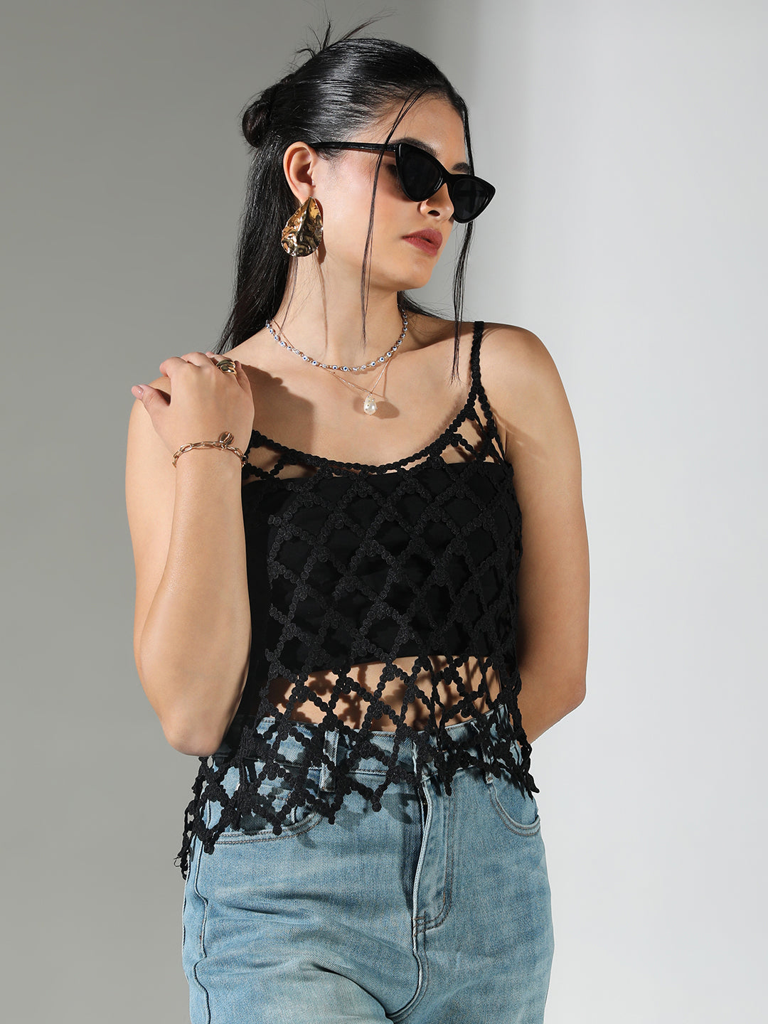 Women Black Solid Crochet Top