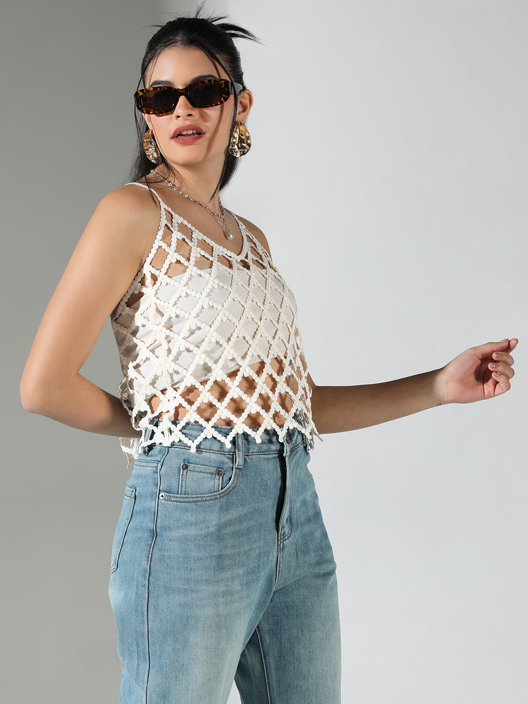 Women Cream Solid Crochet Top