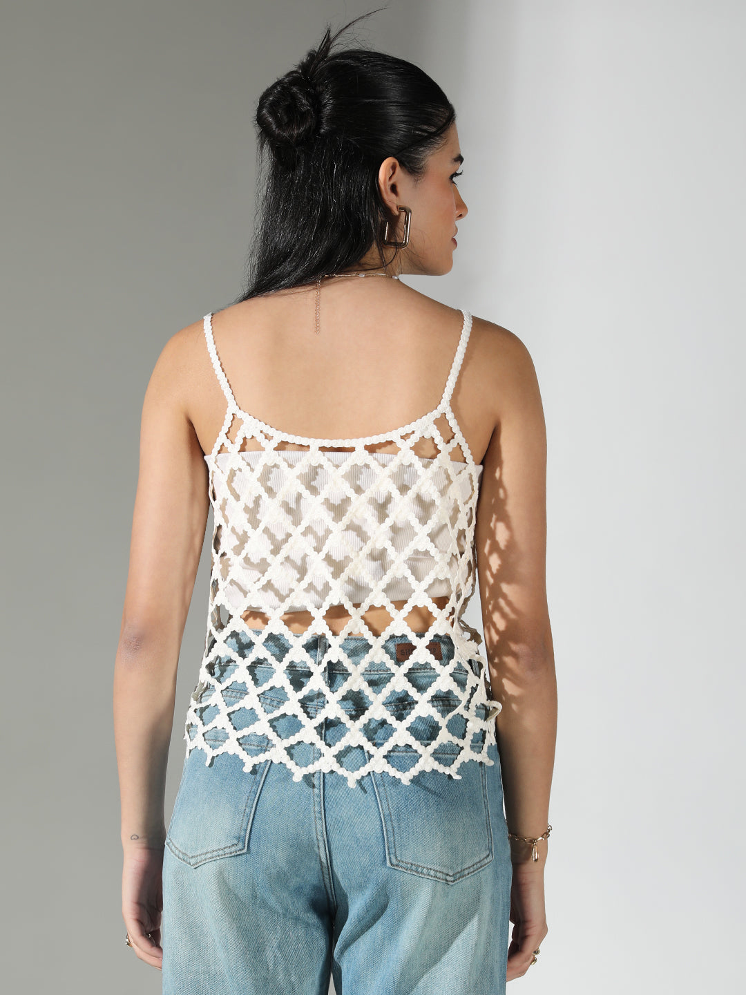 Women Cream Solid Crochet Top