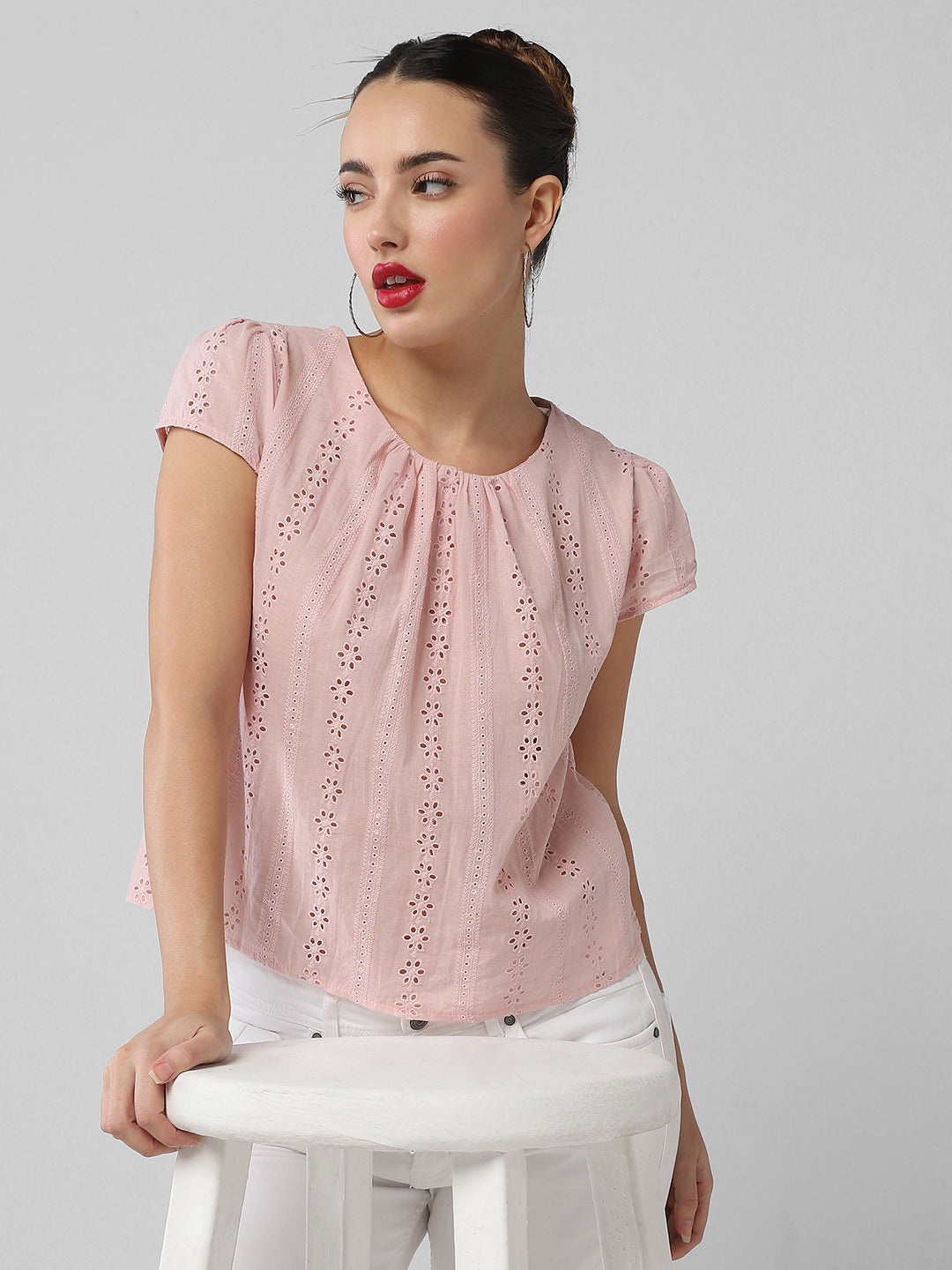 Women Pink Solid Schiffli Top