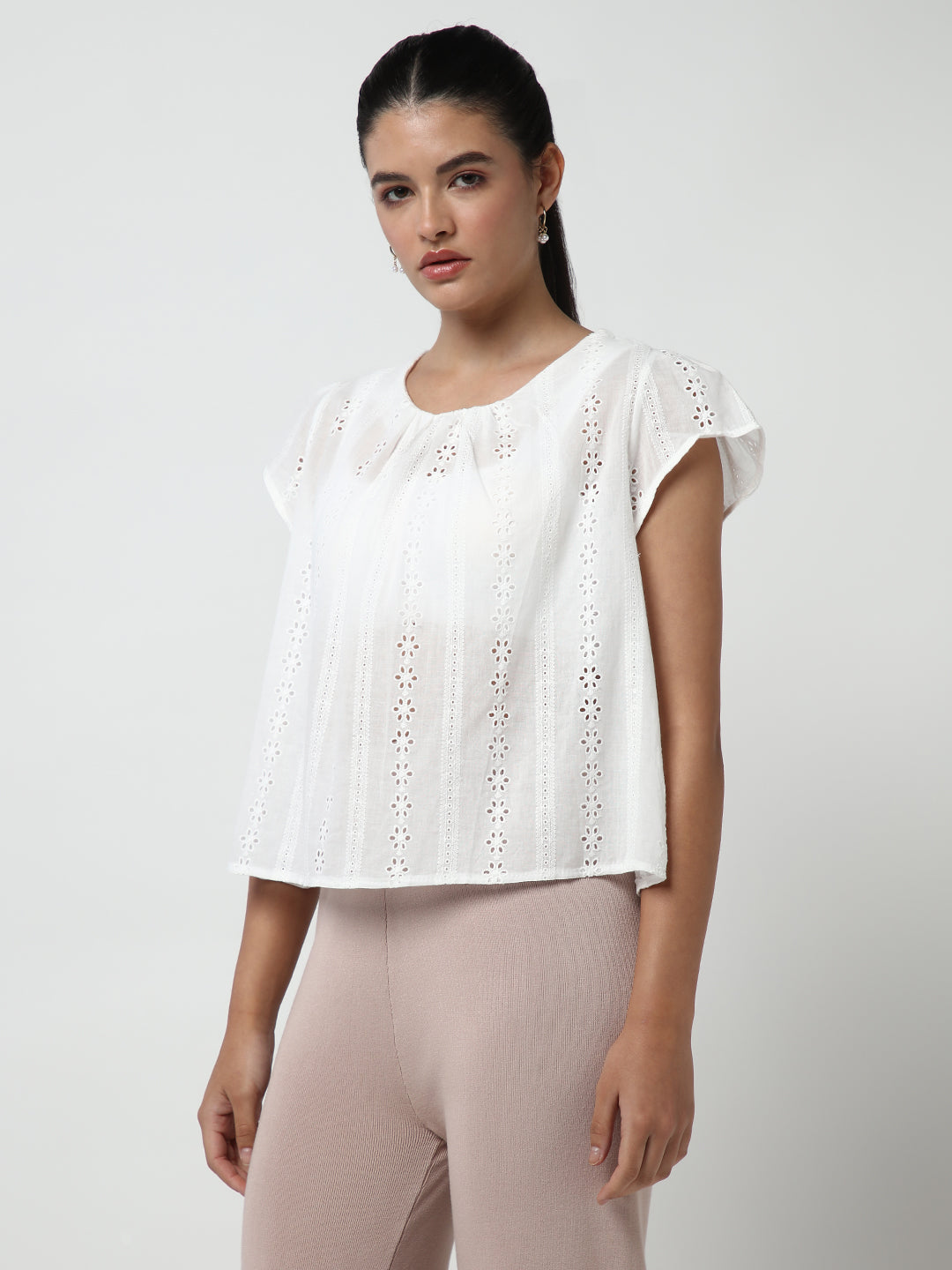 Women White Solid Schiffli Top