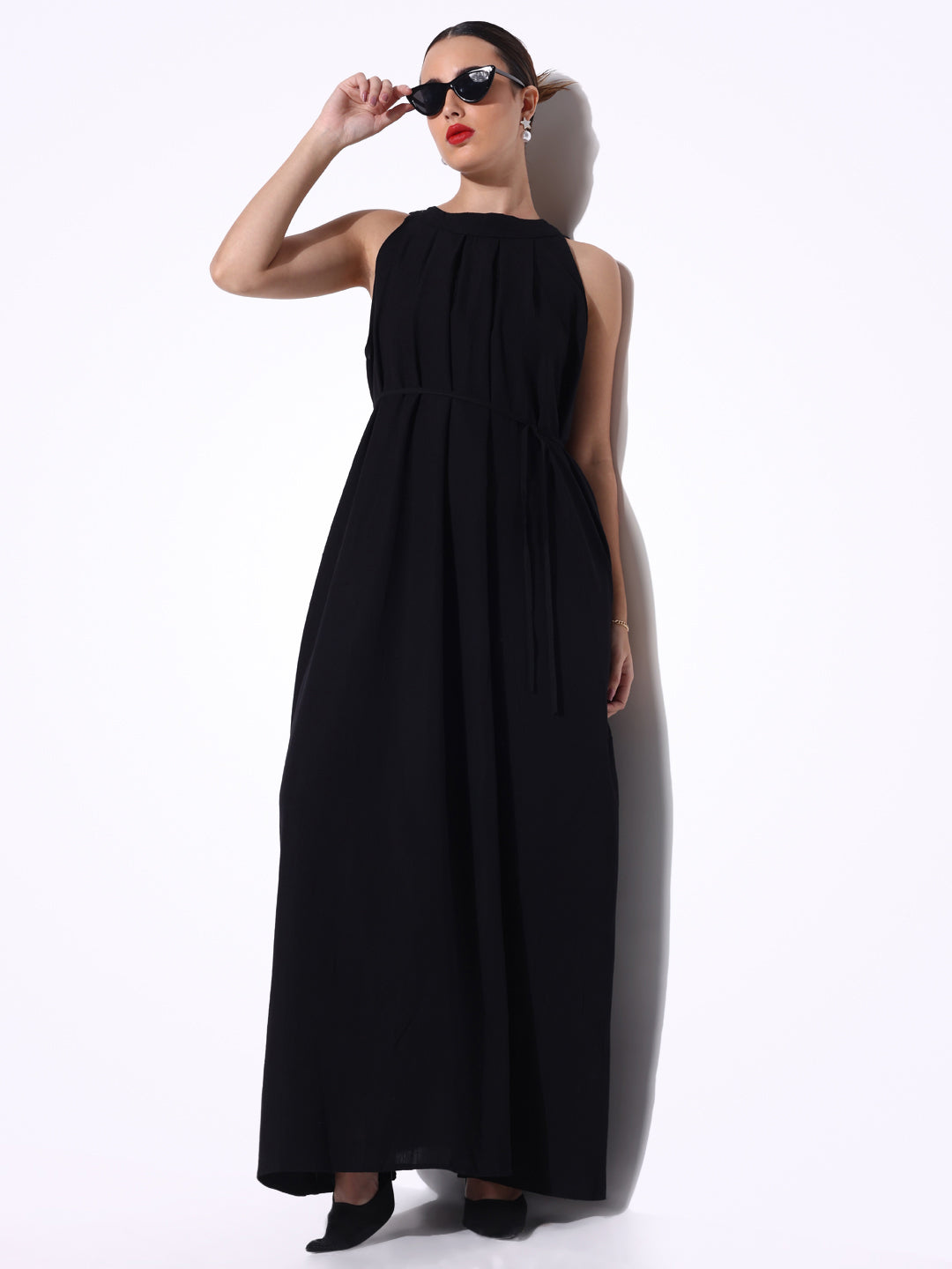 Women Solid Black Fit and Flare Dress