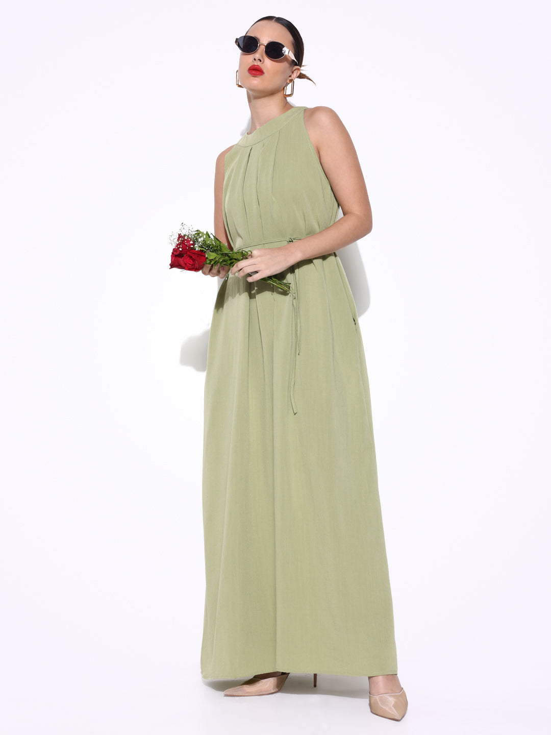 Women Solid Green Fit and Flare Dress