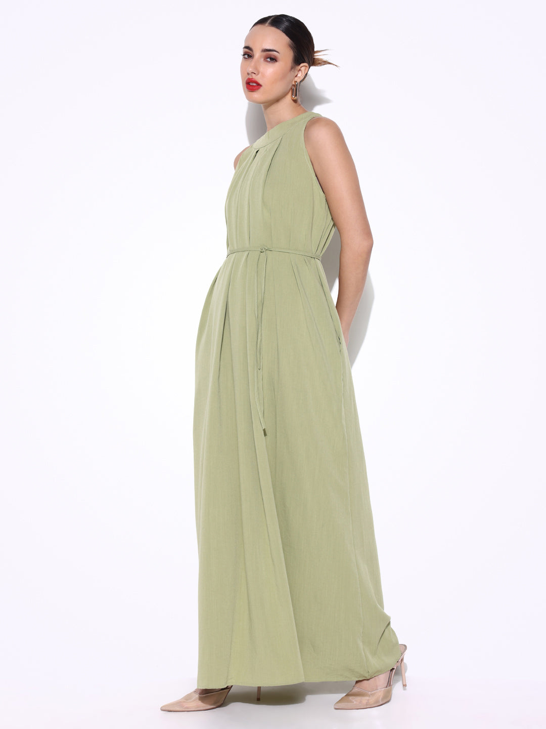 Women Solid Green Fit and Flare Dress