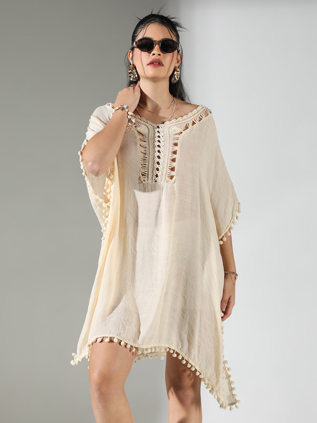 Women Cream Solid Kaftan Dress