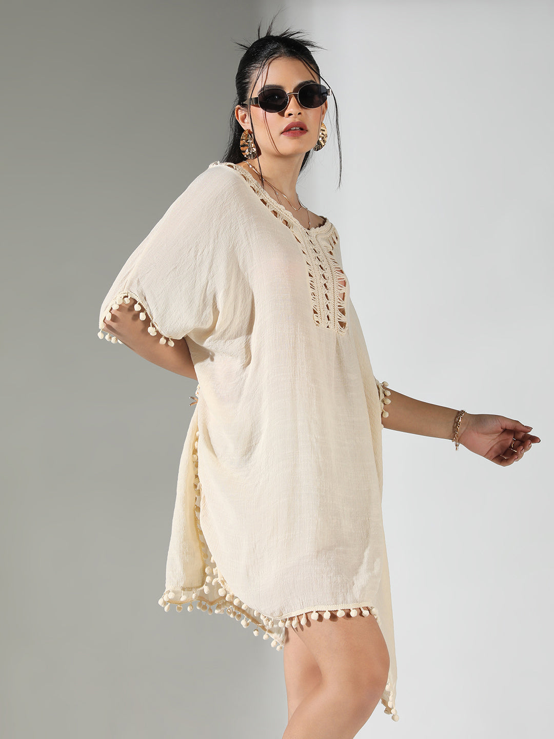 Women Cream Solid Kaftan Dress