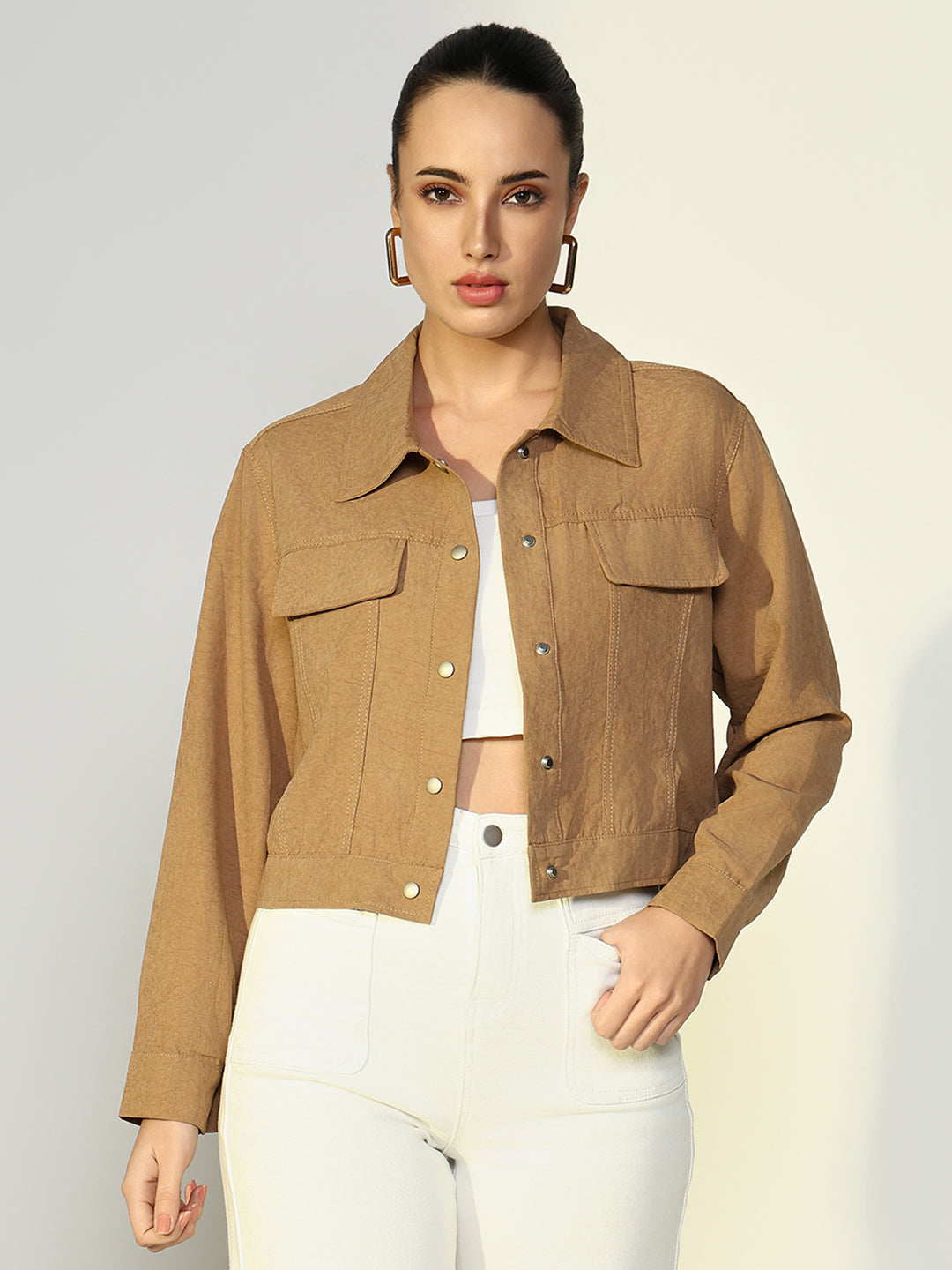 Women Solid Beige Open Front Jacket