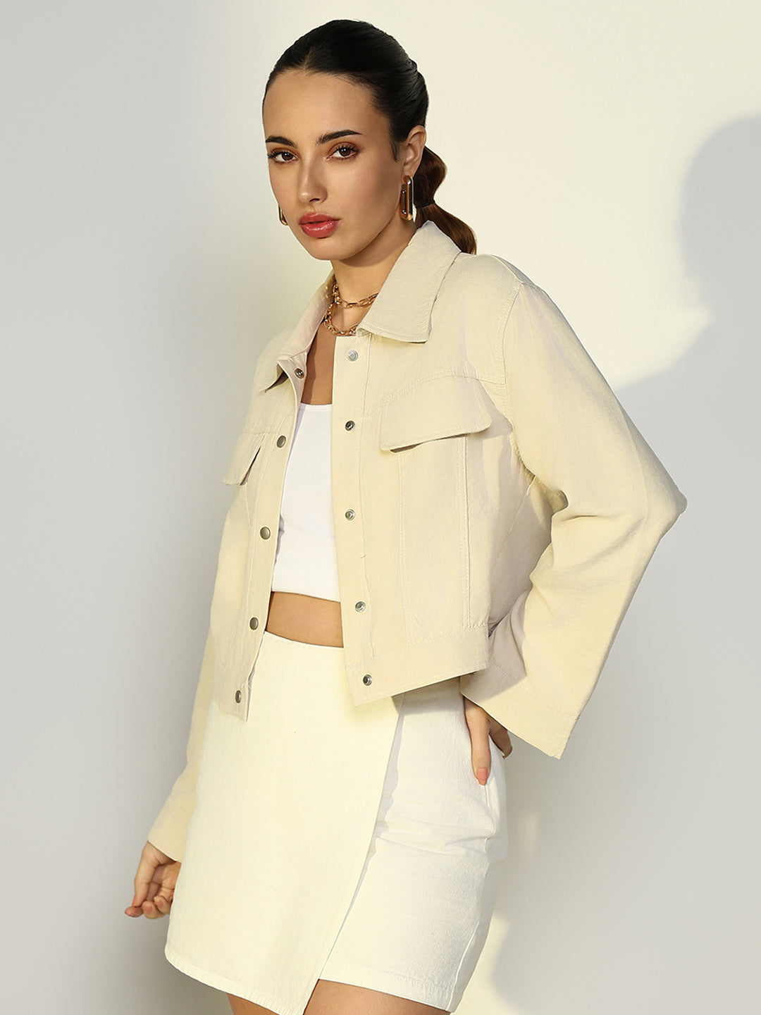 Women Solid Cream Open Front Jacket