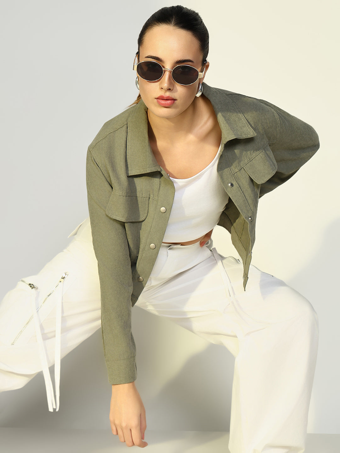 Women Solid Olive Open Front Jacket