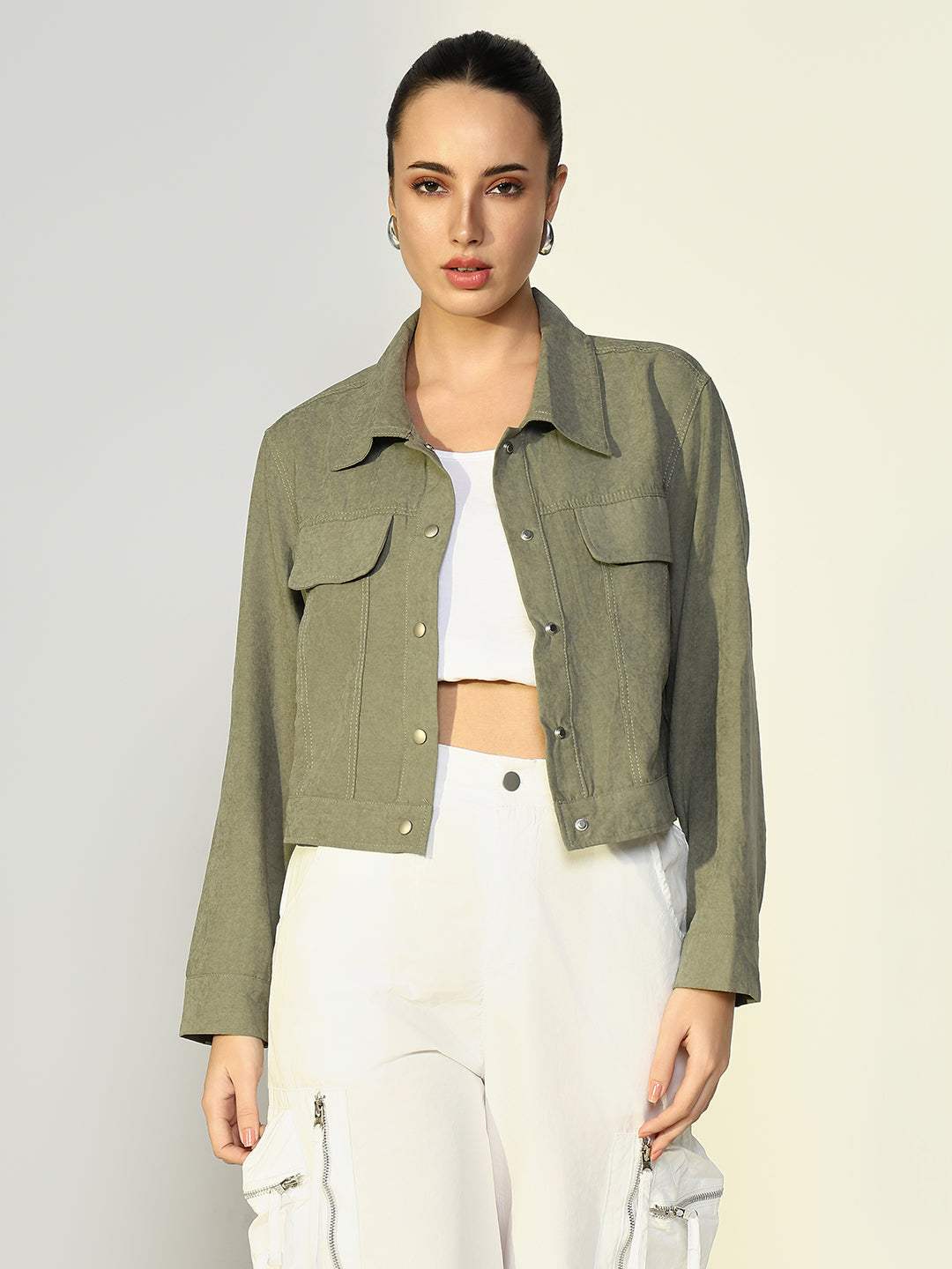 Women Solid Olive Open Front Jacket