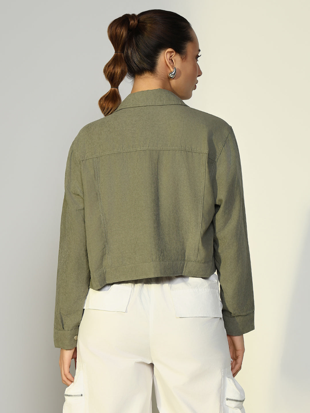 Women Solid Olive Open Front Jacket