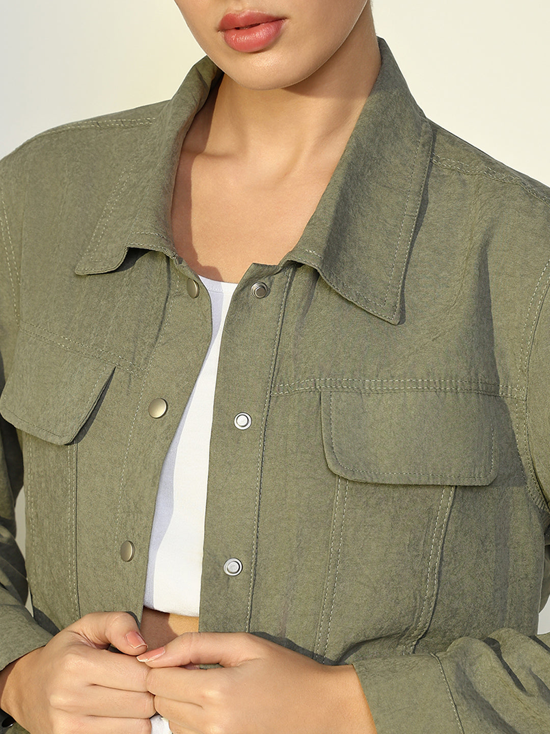 Women Solid Olive Open Front Jacket