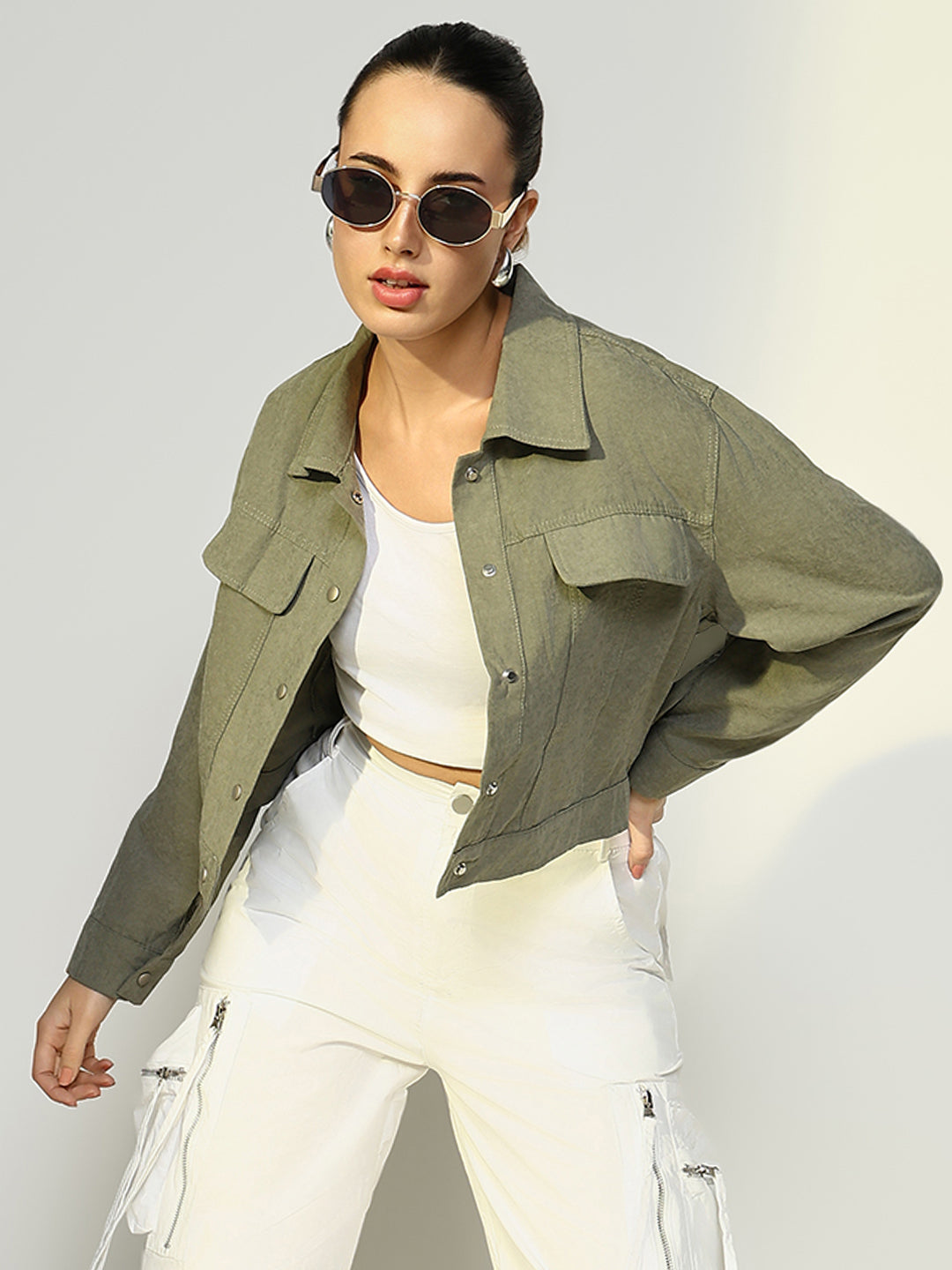 Women Solid Olive Open Front Jacket