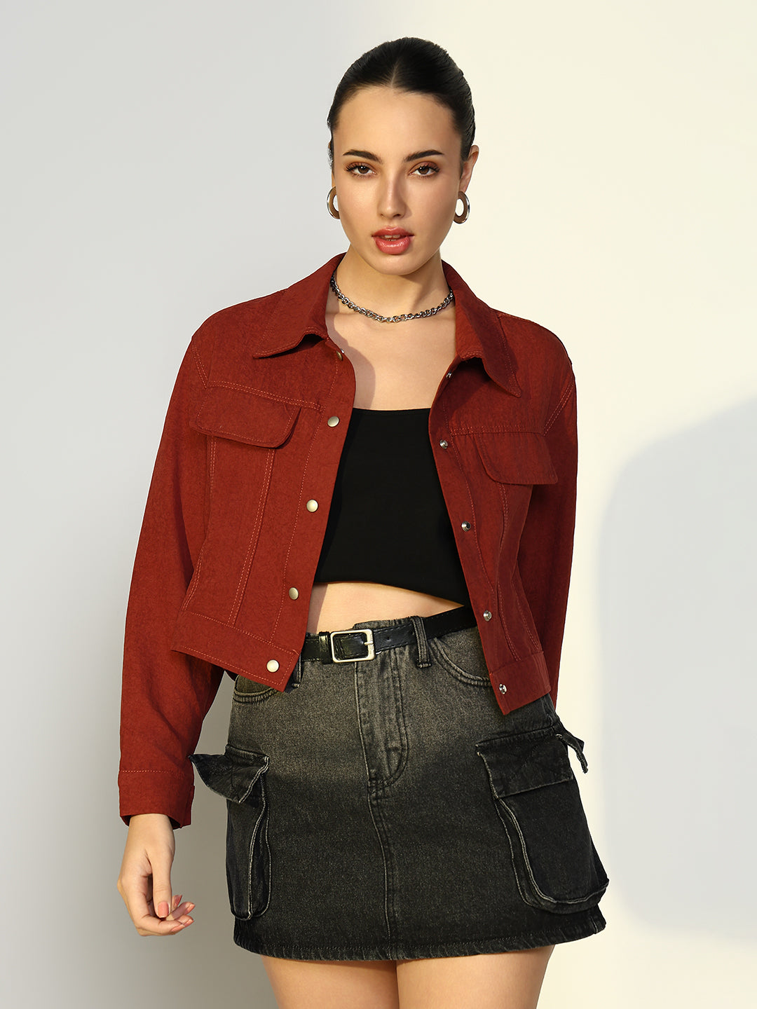 Women Solid Red Open Front Jacket