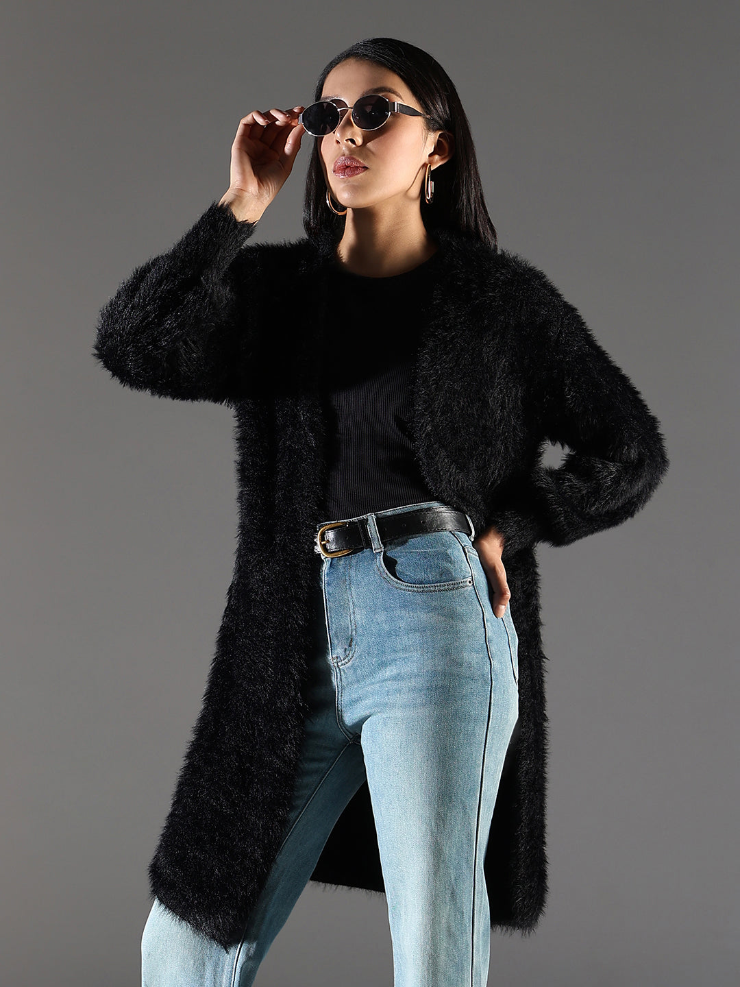 Women Black Solid Longline Shrug