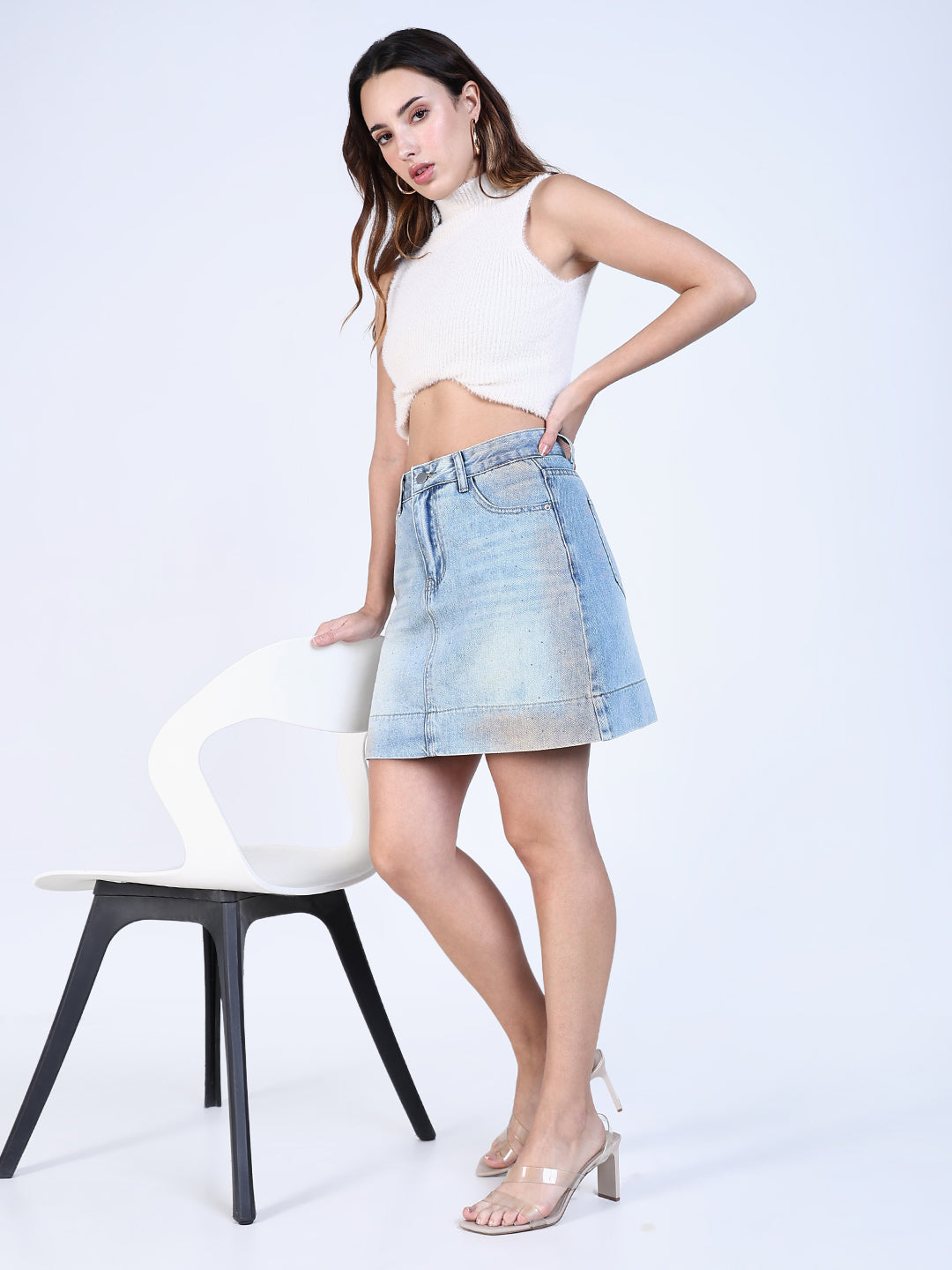 Women Solid Blue Mini Denim Skirt