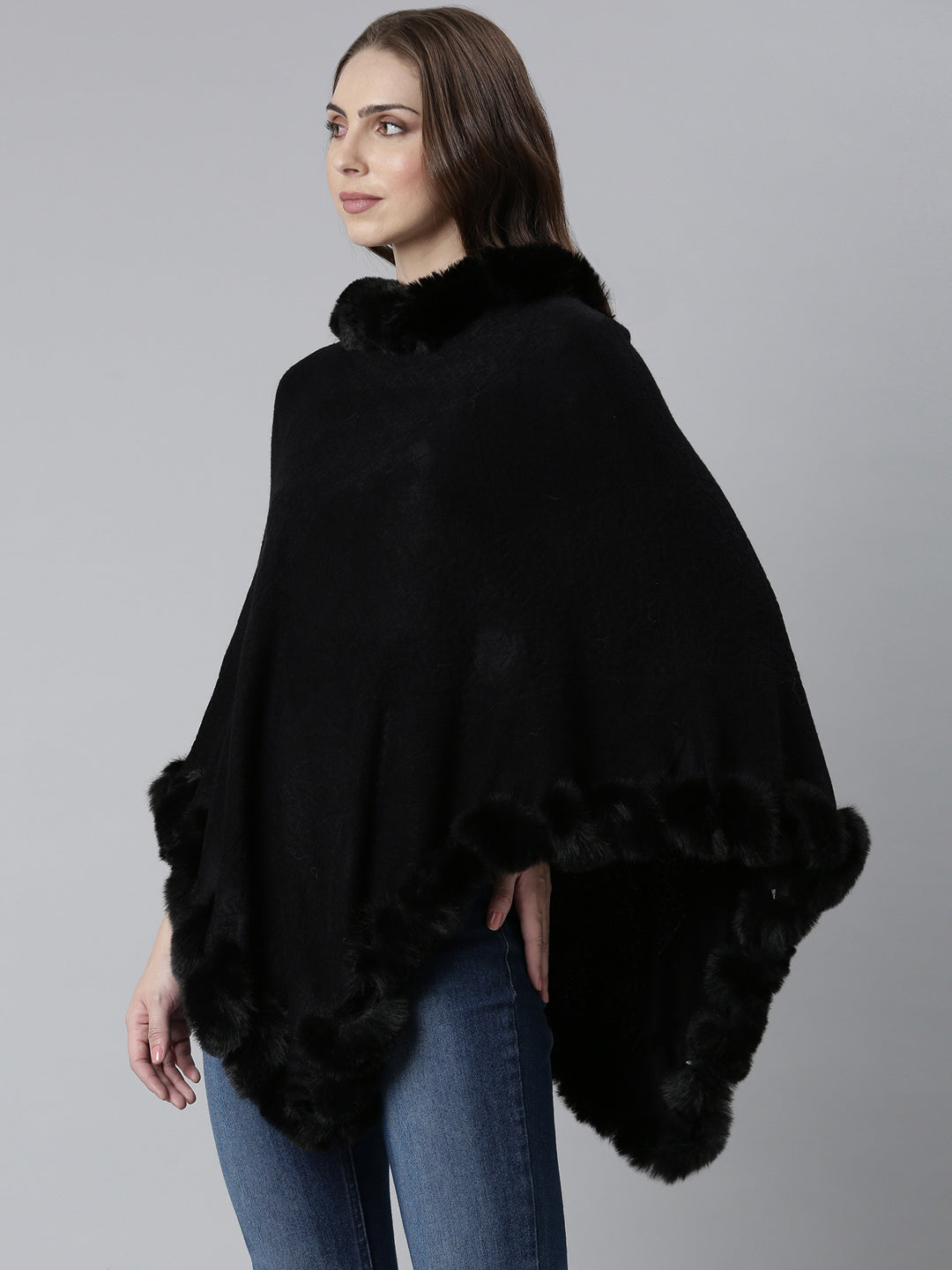 Women Black Self Design Poncho