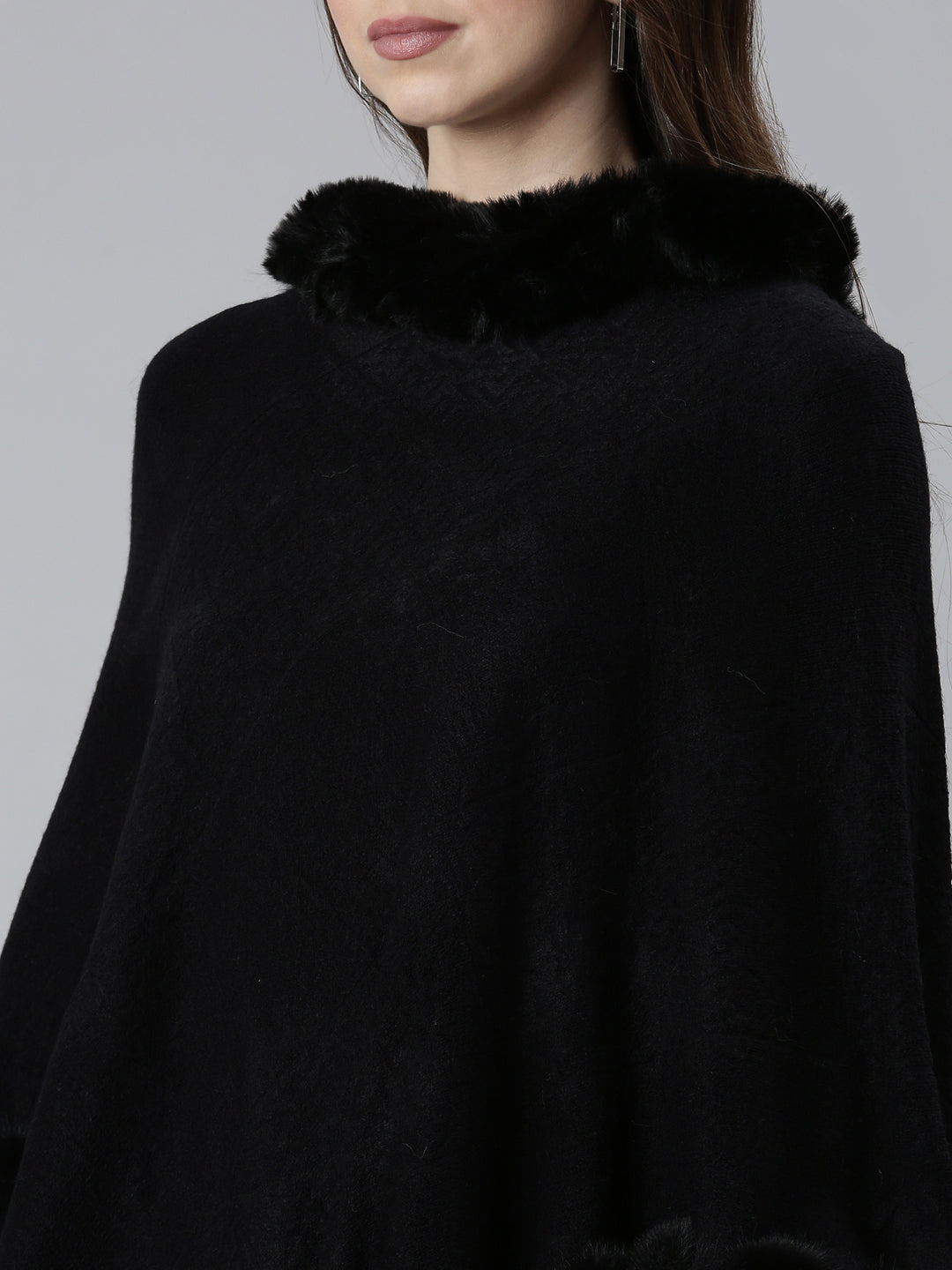 Women Black Self Design Poncho