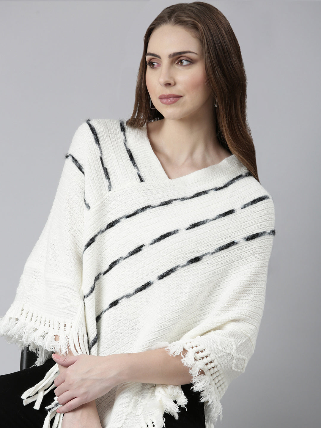 Women Off White Self Design Poncho