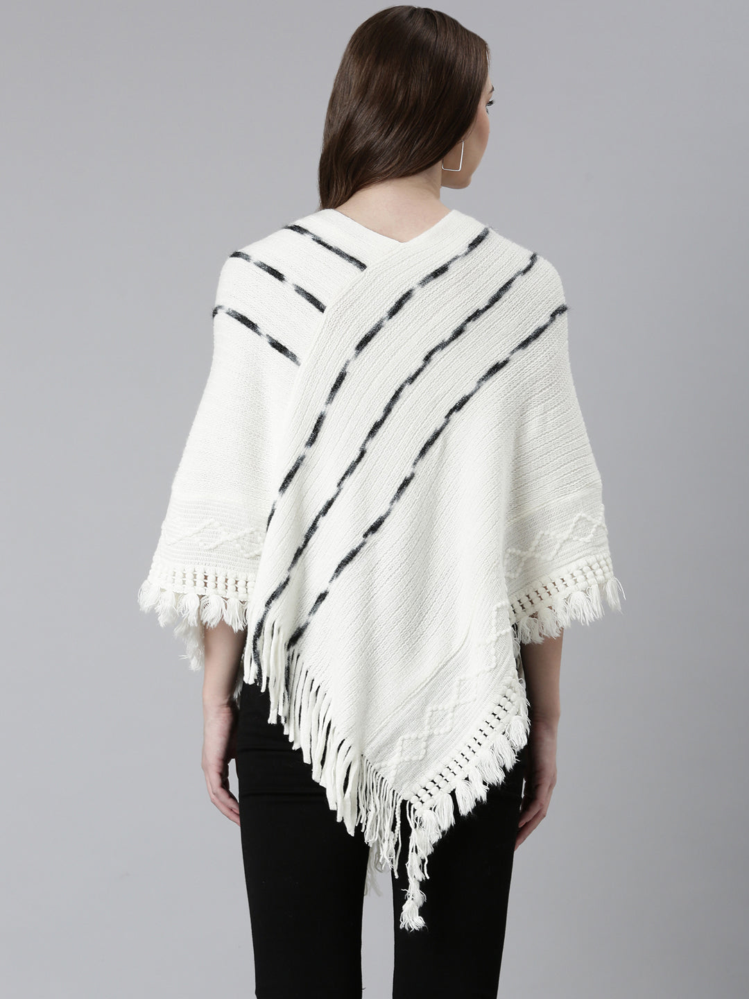 Women Off White Self Design Poncho