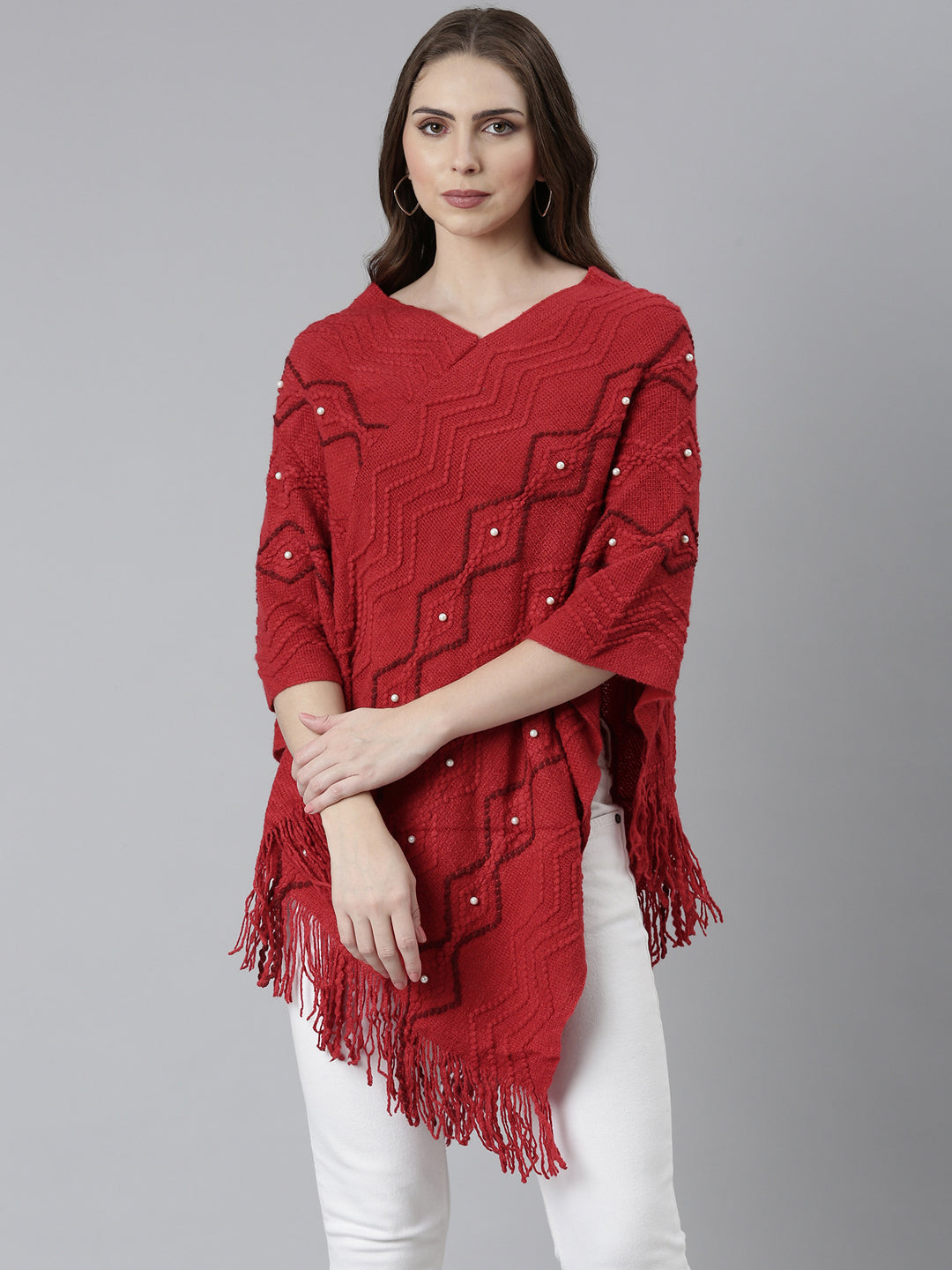 Women Red Self Design Longline Poncho