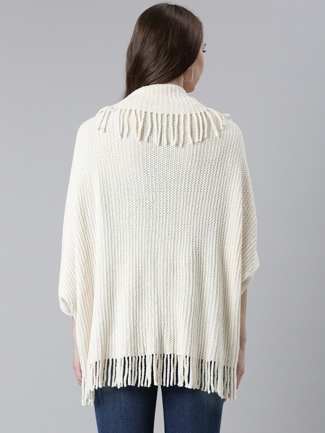 Women Cream Self Design Poncho