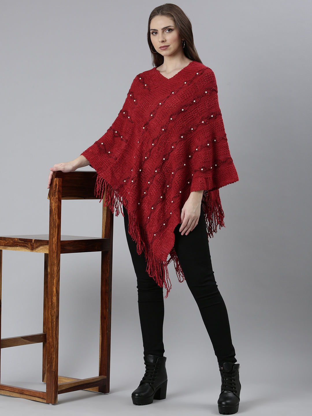 Women Red Self Design Longline Poncho