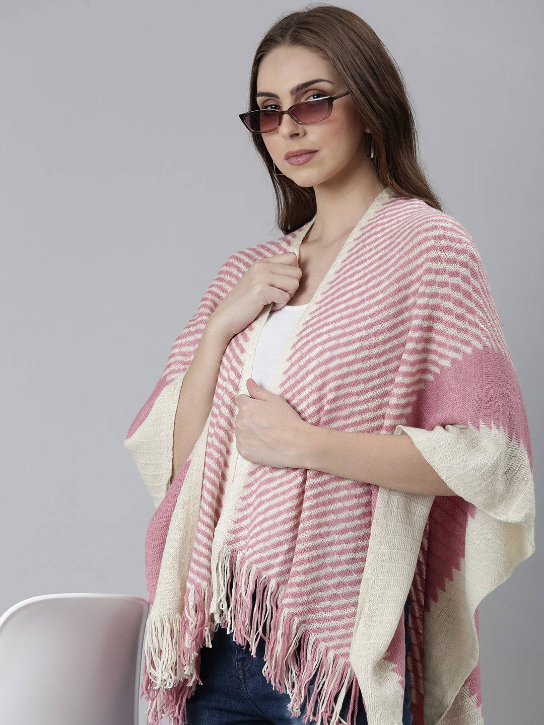 Women Pink Striped Poncho