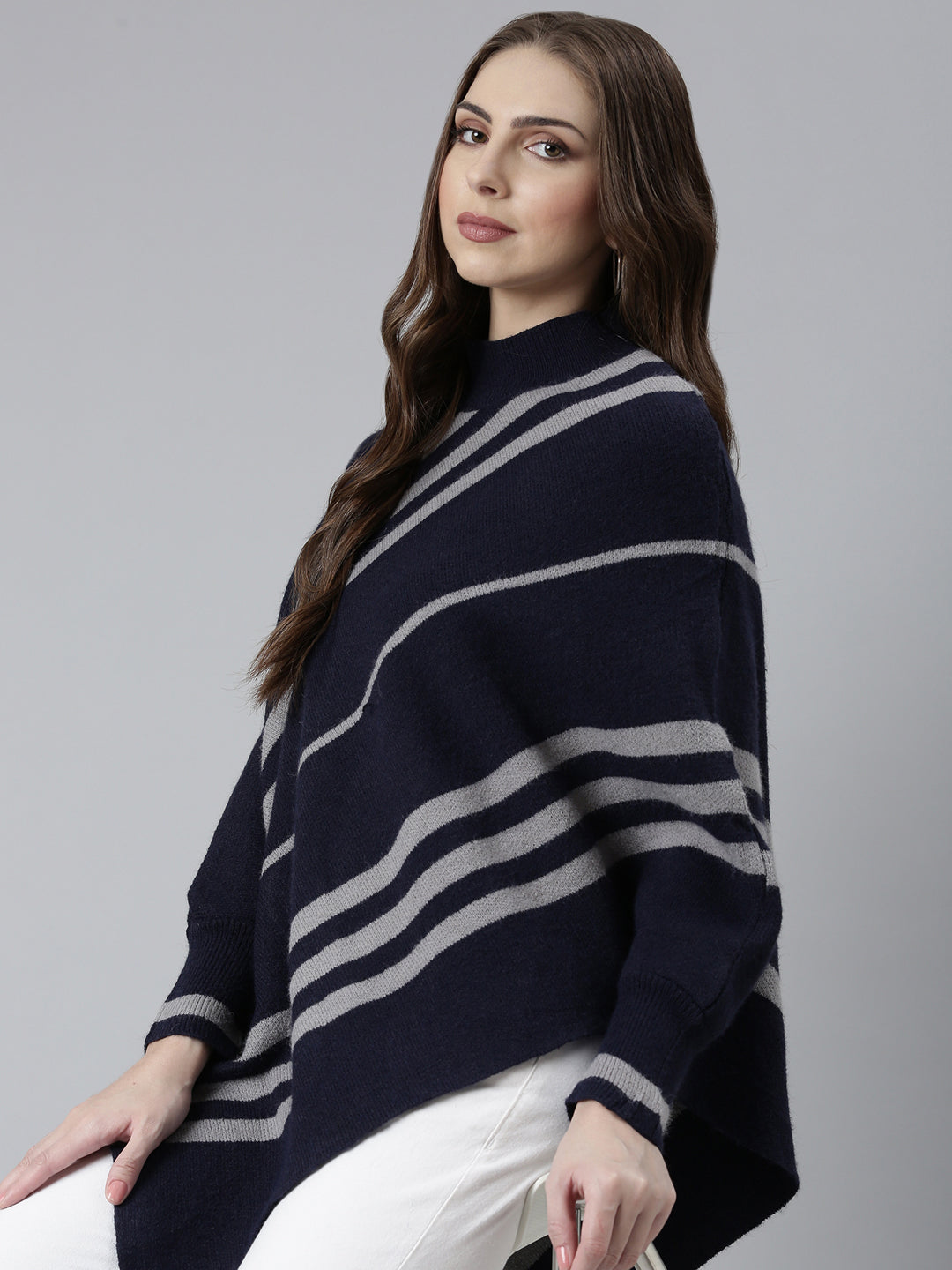 Women Navy Blue Striped Poncho