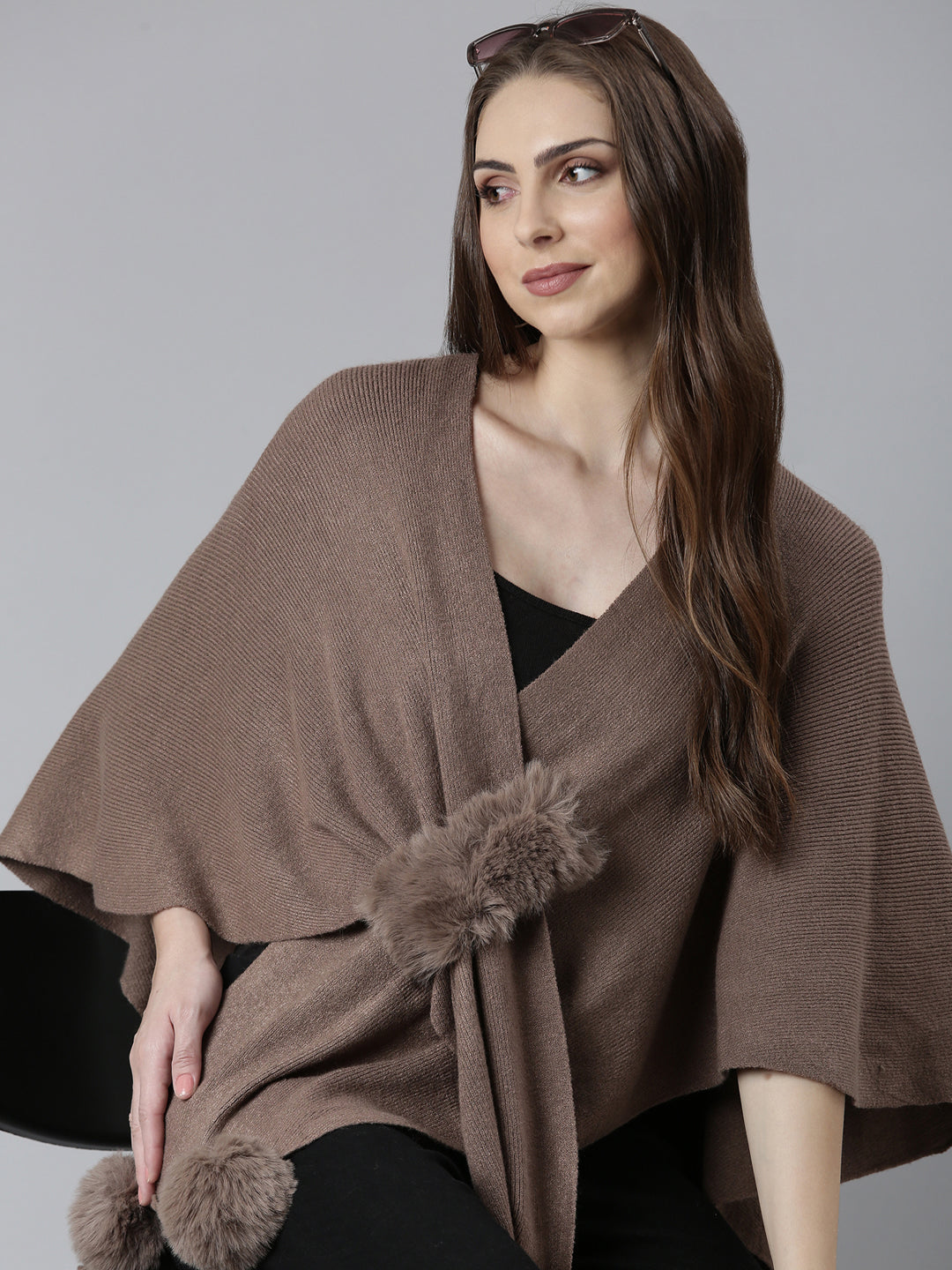 Women Taupe Solid Poncho