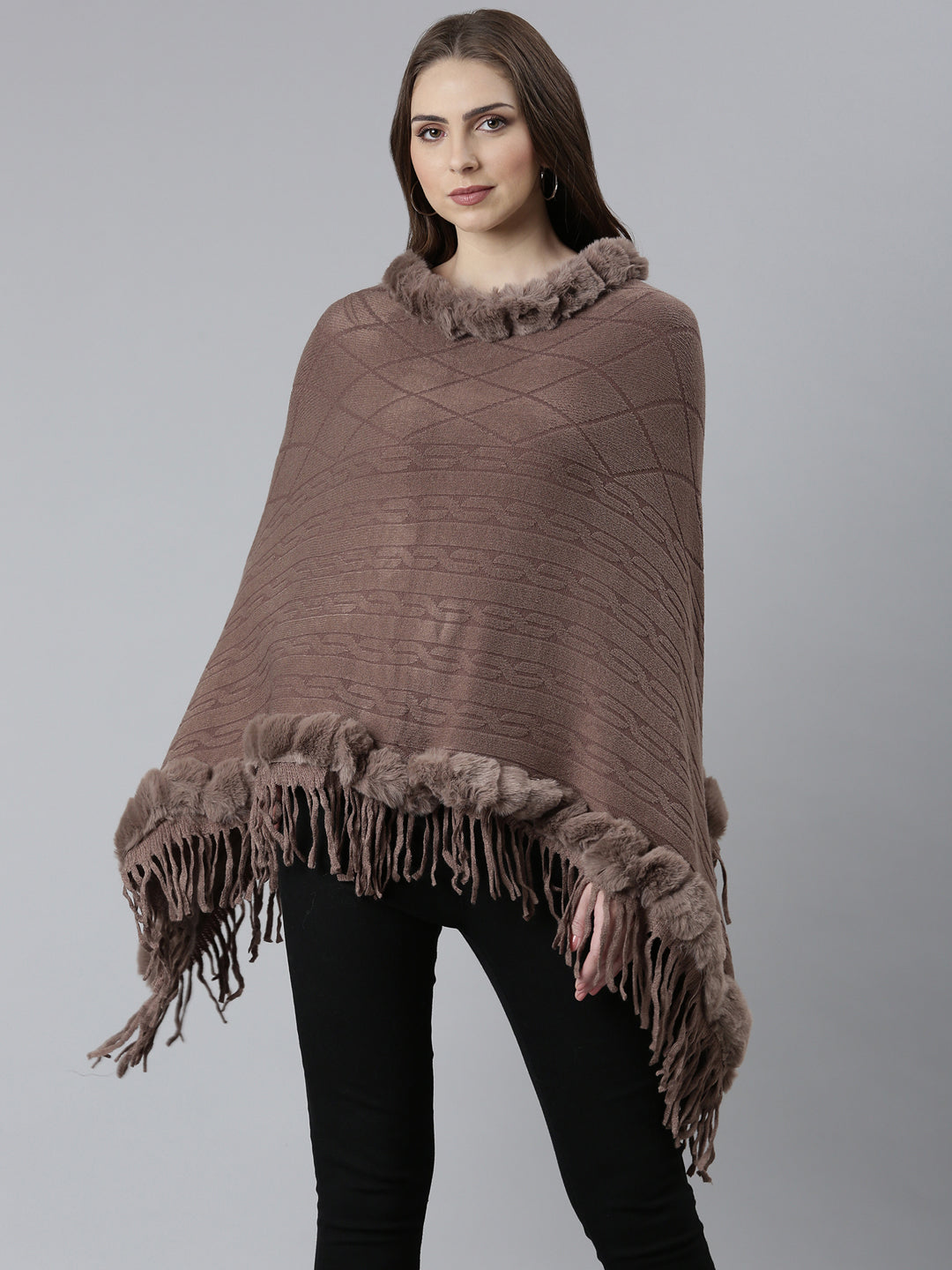 Women Taupe Self Design Poncho