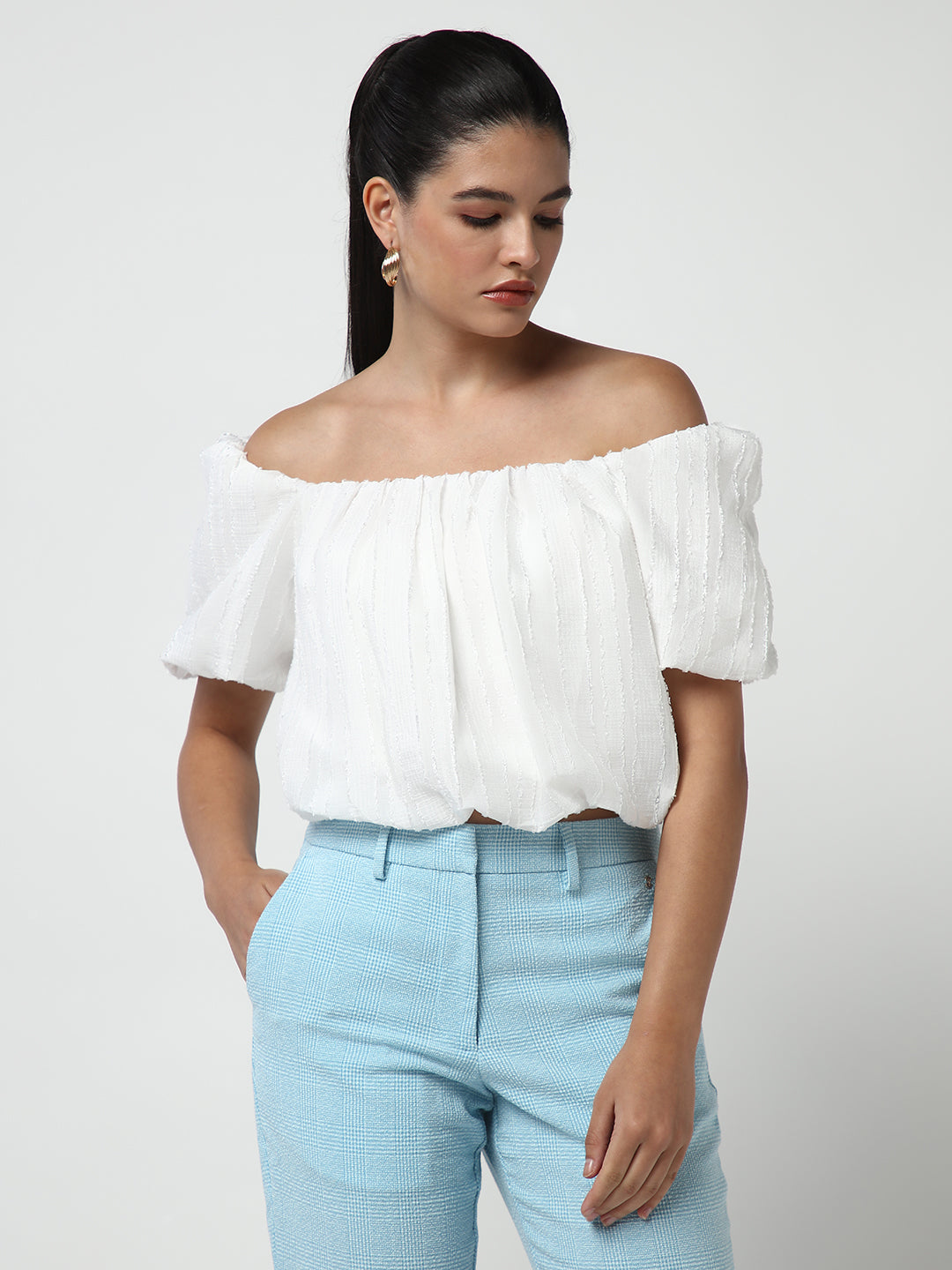 Women White Solid Blouson Crop Top