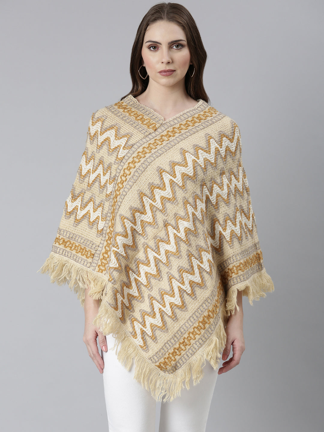 Women Mustard Self Design Poncho