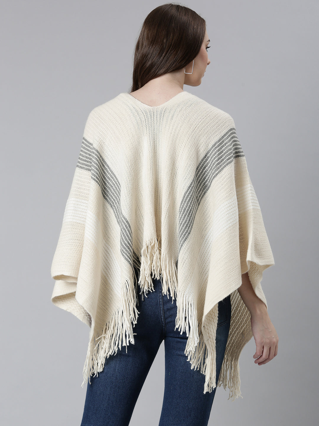 Women Cream Self Design Poncho