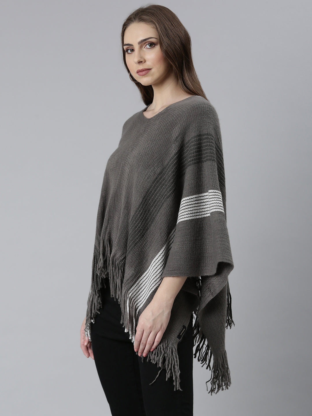 Women Grey Self Design Poncho