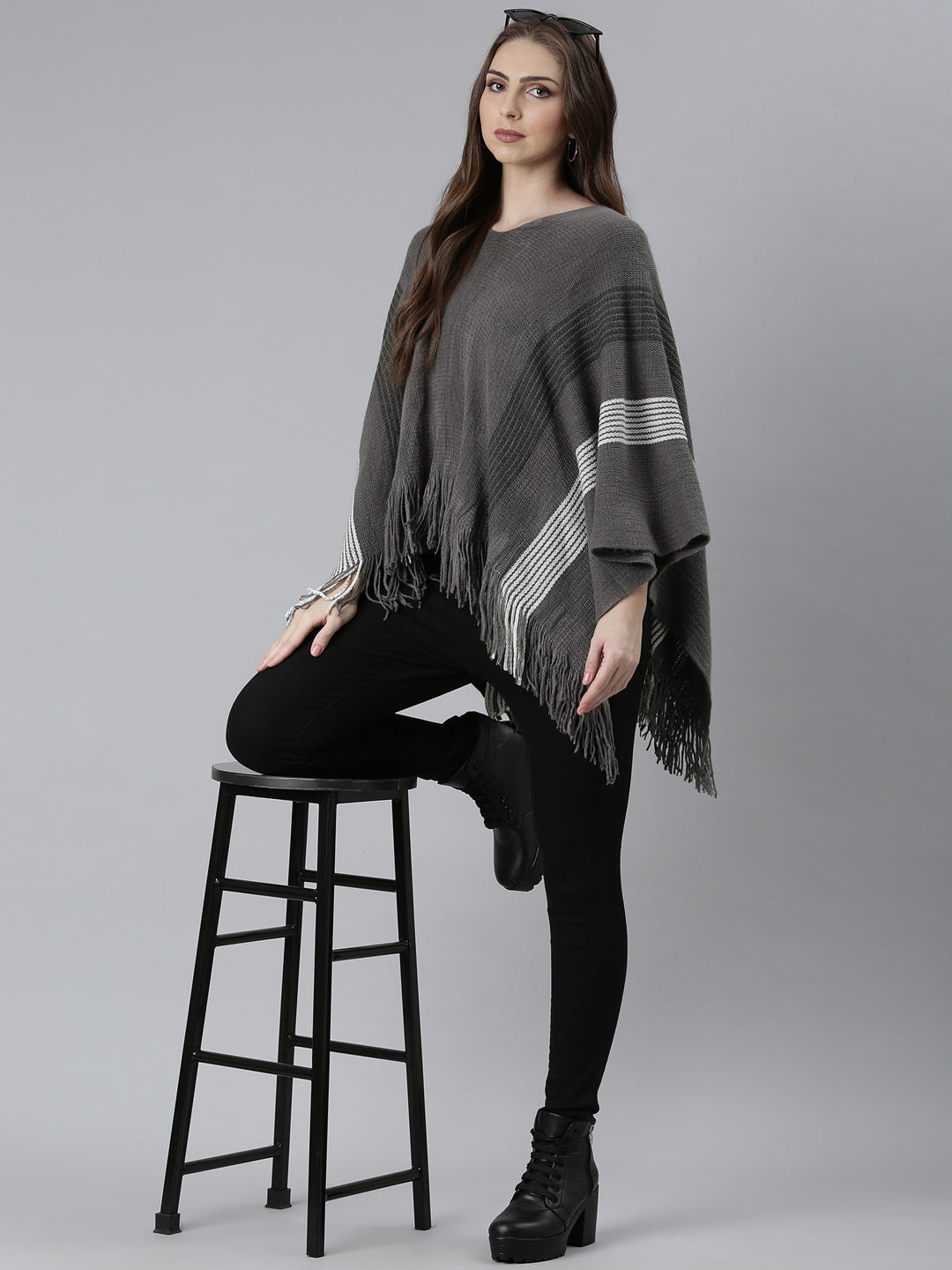 Women Grey Self Design Poncho