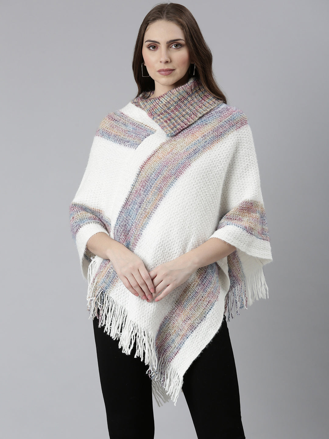 Women White Self Design Poncho