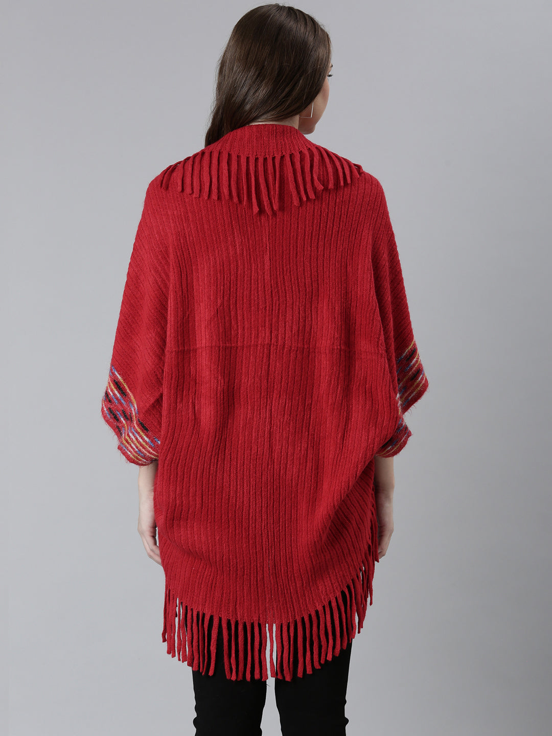 Women Red Striped Poncho