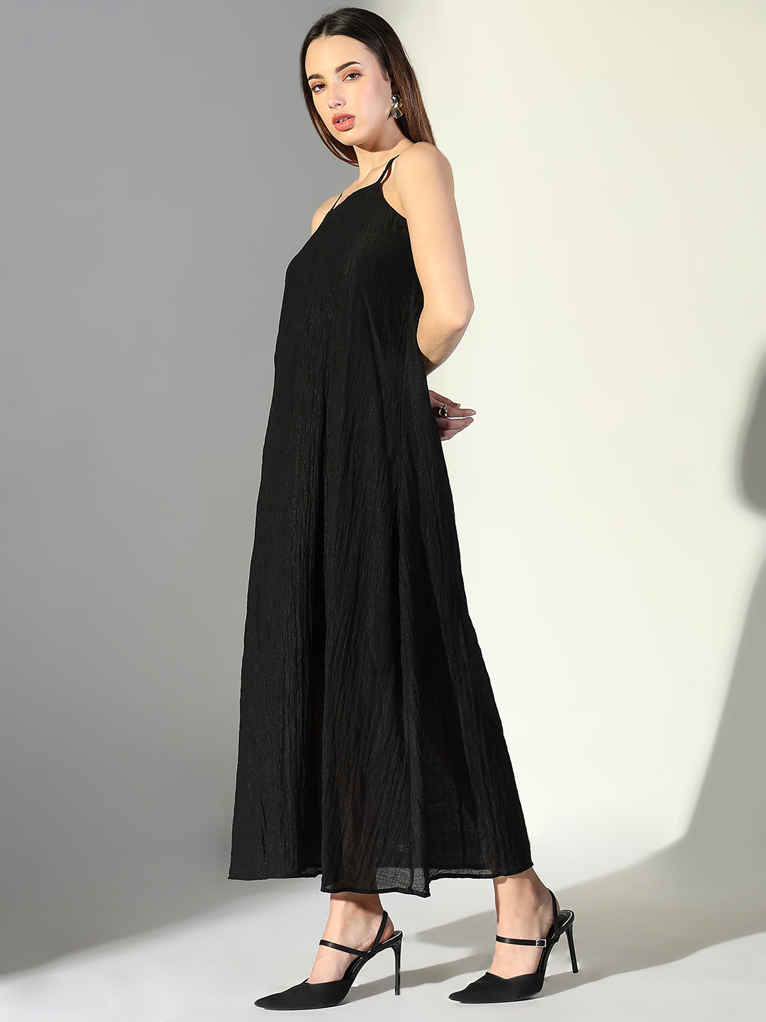 Women Black Solid A Line Dress with Drape Over