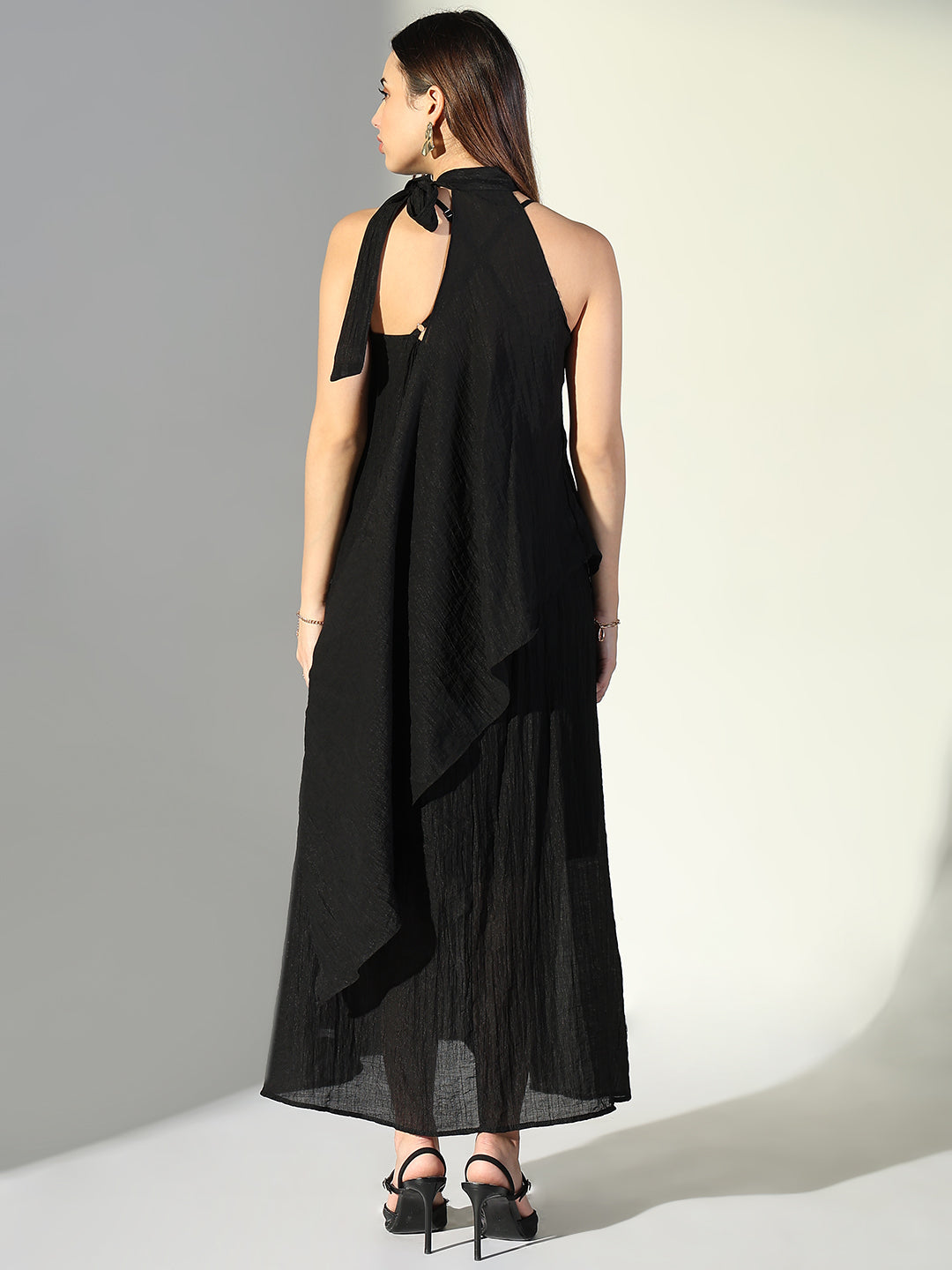 Women Black Solid A Line Dress with Drape Over